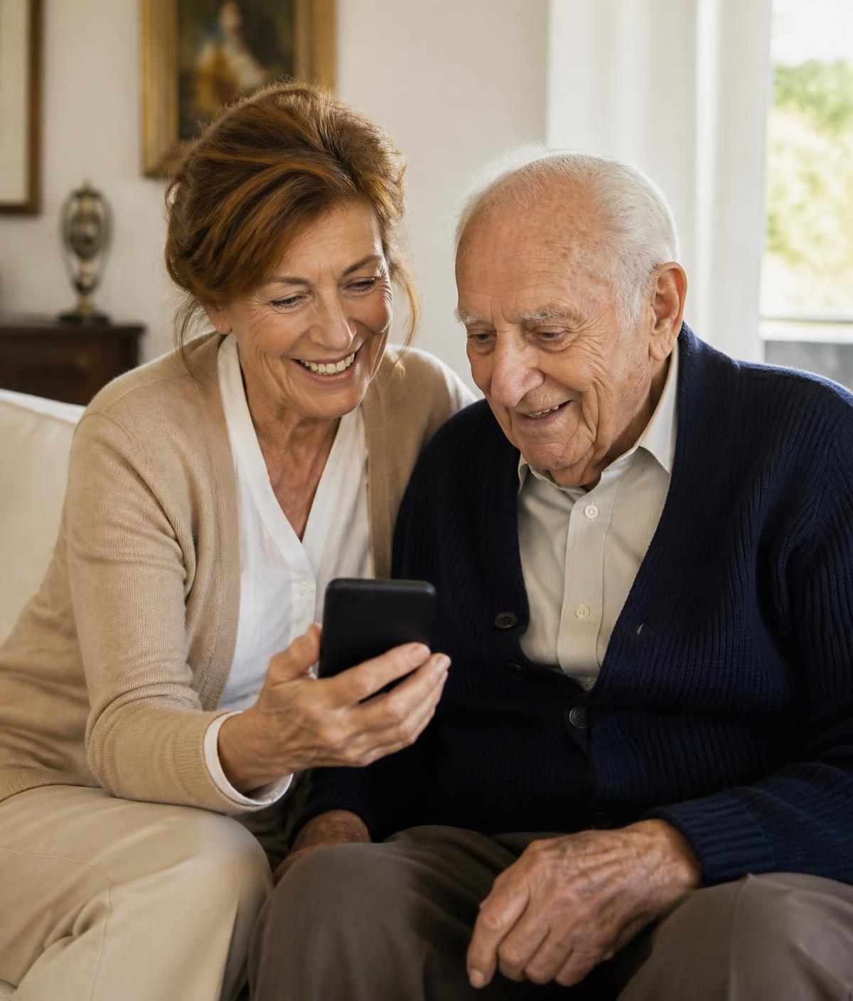 Persona di fiducia CareOama e persona anziana sorridono insieme guardando uno smartphone